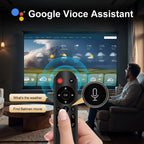 Person using a remote control with Google Voice Assistant on a screen, asking about weather and finding a movie.
