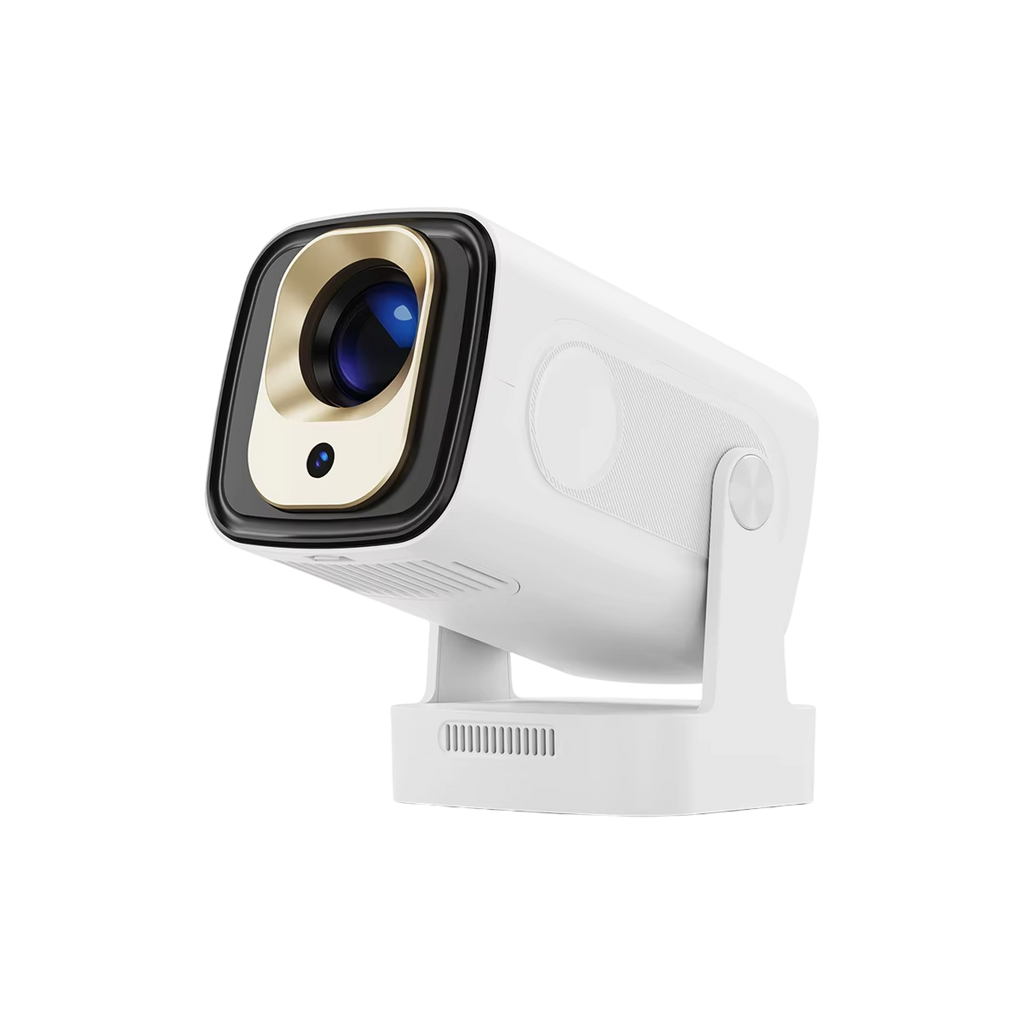 White LuxovBeam Projector with black lens cover on a white background