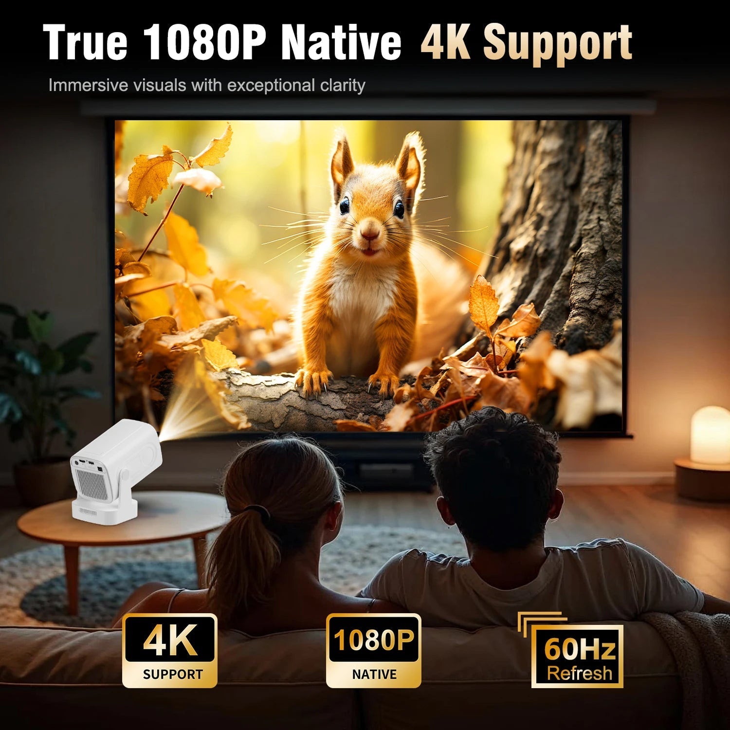 Two people sitting on a couch watching a TV screen displaying a squirrel, with text about 4K support and refresh rate.