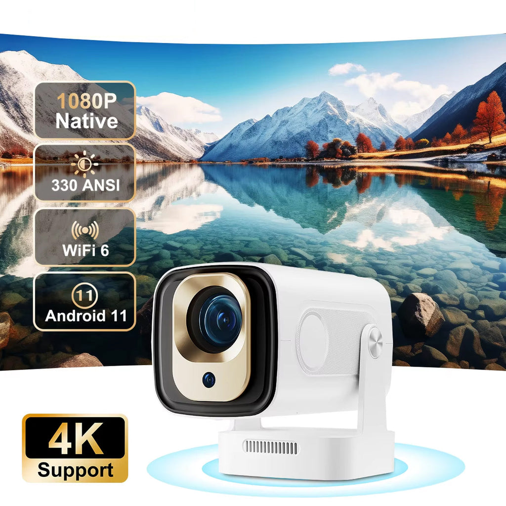 White LuxovBeam Projector with features highlighted against a scenic mountain and lake background