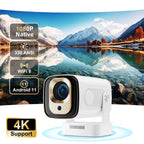 White LuxovBeam Projector with features highlighted against a scenic mountain and lake background