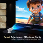 LuxovBeam Projector with cartoon character on screen displaying beach scene, with text 'Smart Adjustment, Effortless Clarity'.