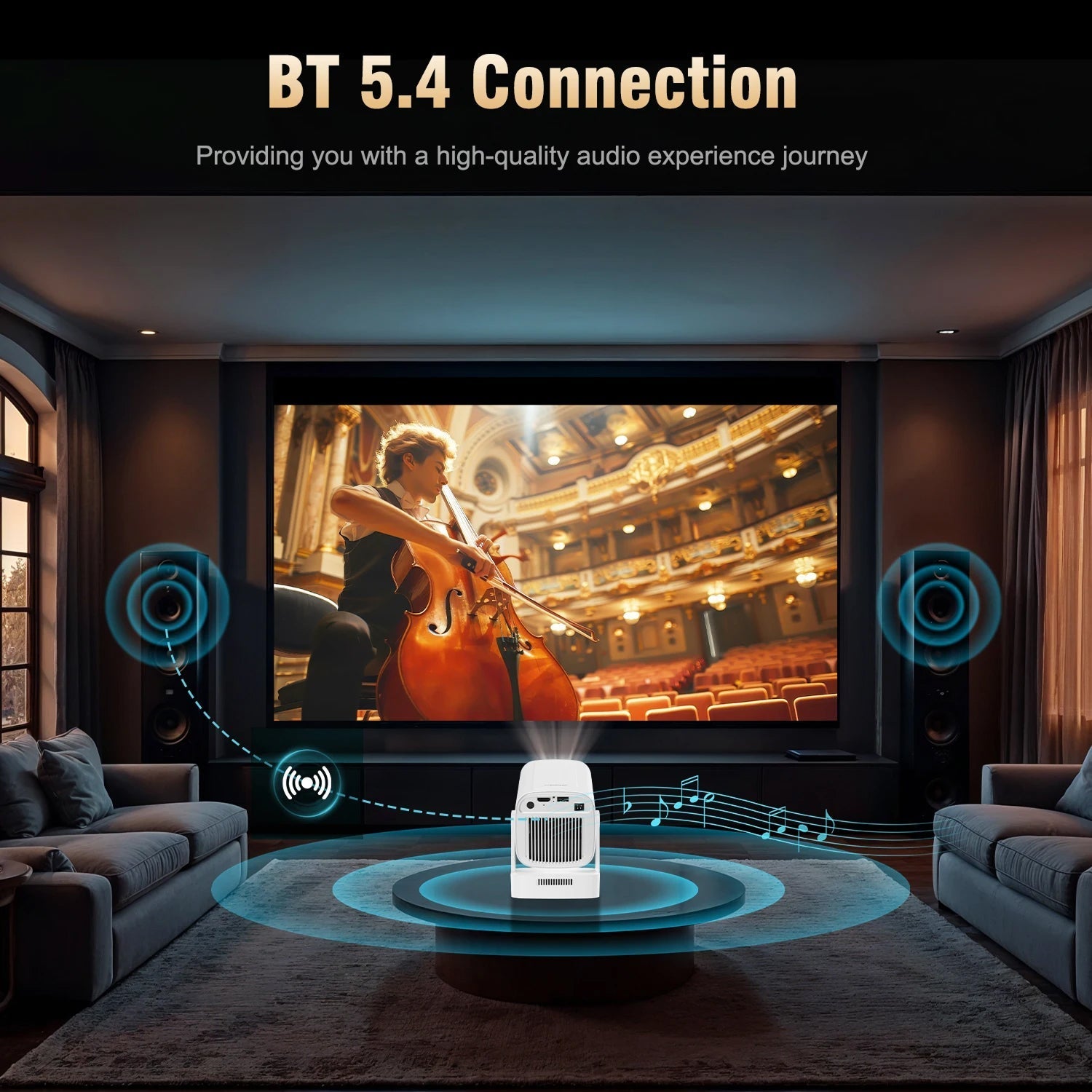 Home theater setup with a TV, speakers, and a small device labeled 'BT 5.4 Connection' in a living room.
