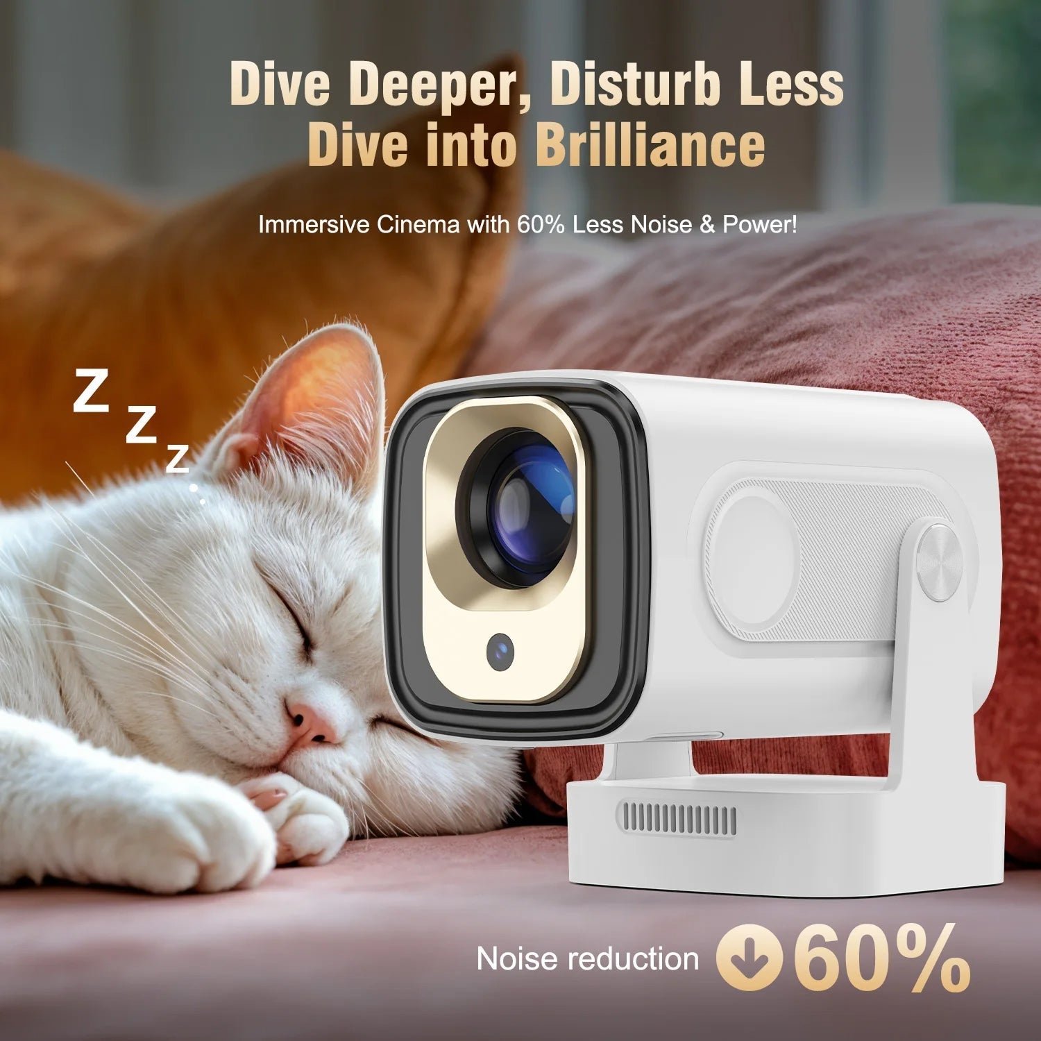 LuxovBeam Projector with a lens on a surface, with text about noise reduction and a cat sleeping in the background.