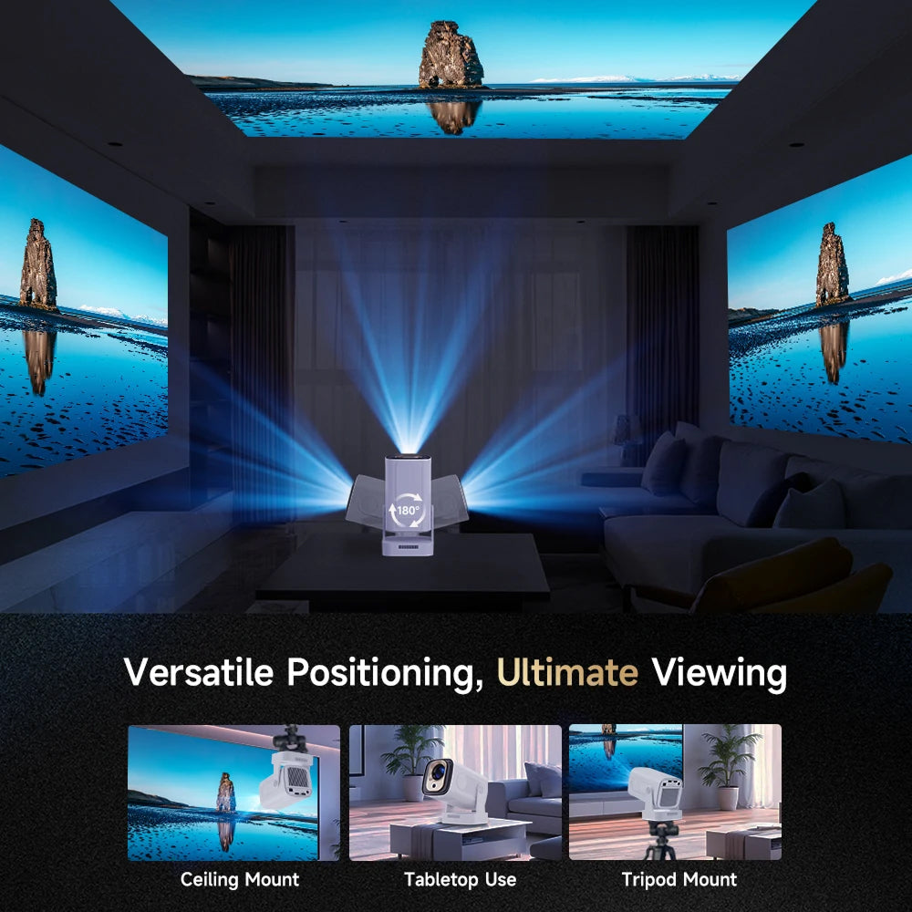 Home theater setup with a LuxovBeam Projector displaying a scenic image, surrounded by furniture.