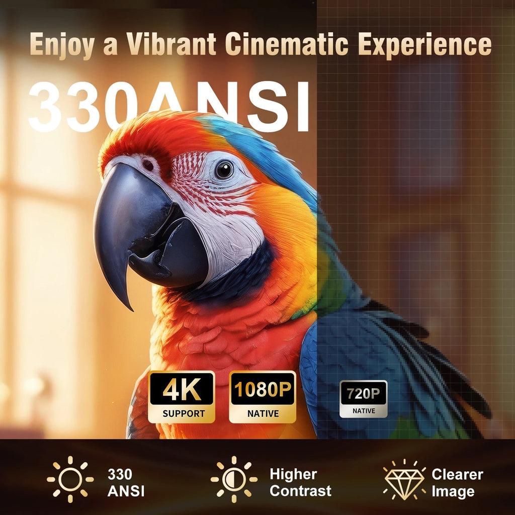 Colorful parrot with 4K and 1080P support text on a blurred background