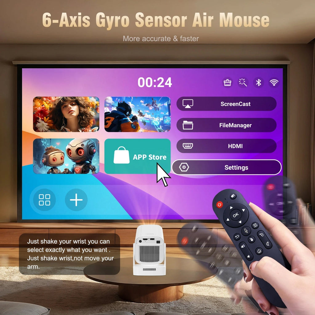 Hand holding a remote control with a screen displaying app options, featuring a 6-axis gyro sensor air mouse.