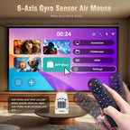 Hand holding a remote control with a screen displaying app options, featuring a 6-axis gyro sensor air mouse.