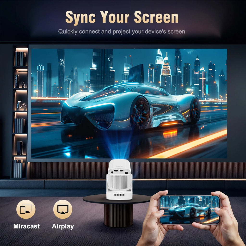 Screen LuxovBeam Projector device with smartphone and cityscape background