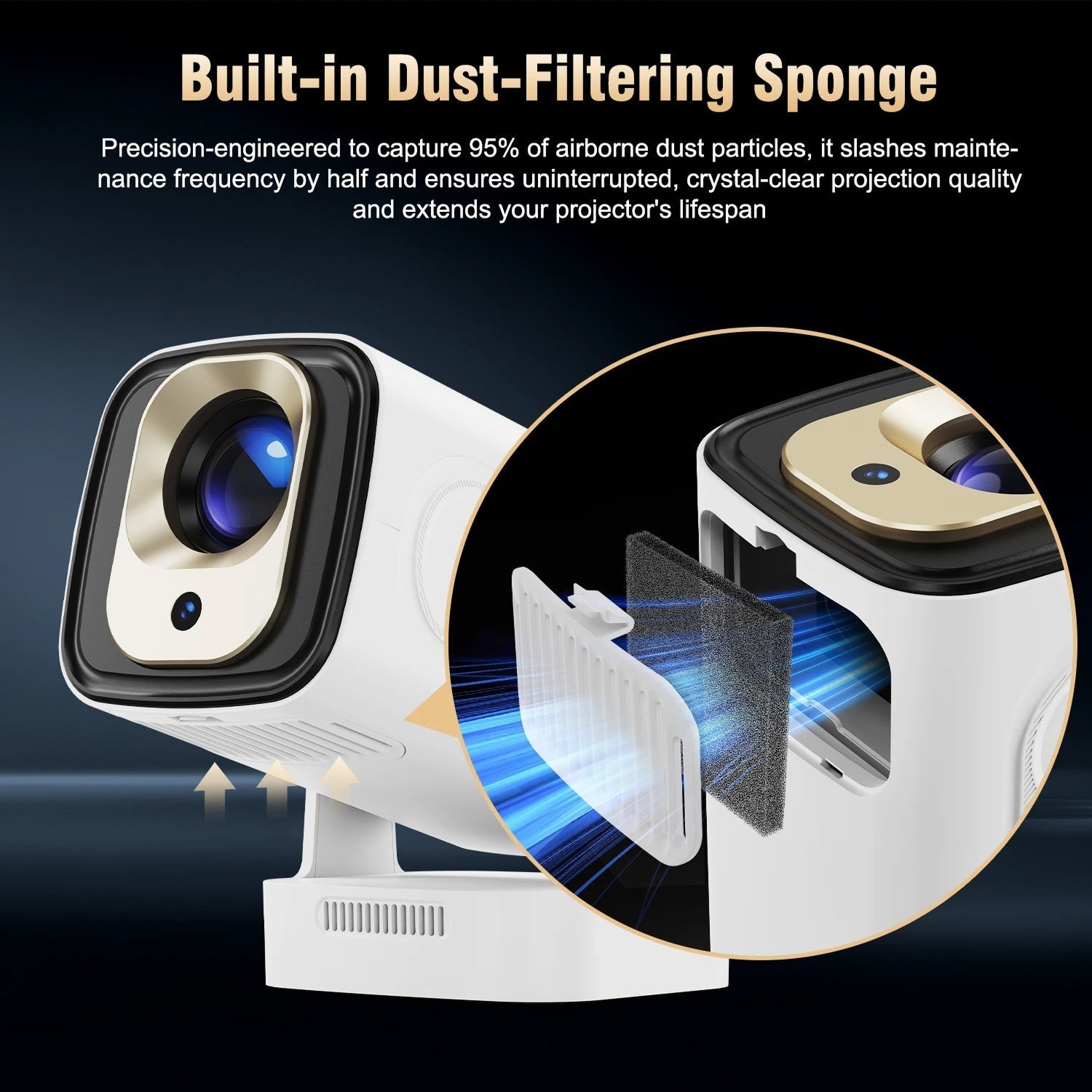 LuxovBeam Projector with dust-filtering sponge feature on a dark background