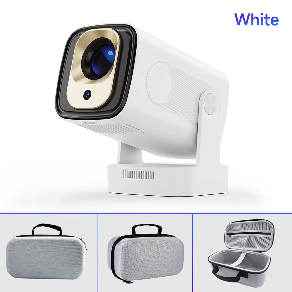White LuxovBeam Projector with a lens cover on a white background, accompanied by a carrying case.