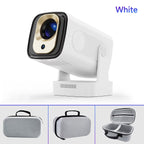 White LuxovBeam Projector with a lens cover on a white background, accompanied by a carrying case.