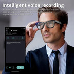 Man wearing Krevont AI Smart Glasses
 with an app interface on a smartphone displaying intelligent voice recording features.