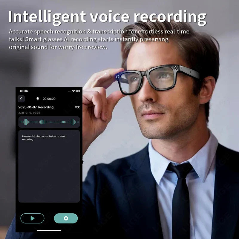 Man wearing Krevont AI Smart Glasses
 with an app interface on a smartphone displaying intelligent voice recording features.