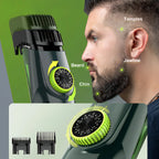 Manzonx Beard Trimmer with adjustable settings on a green background, showing close-up of a man's face with labeled facial hair areas.