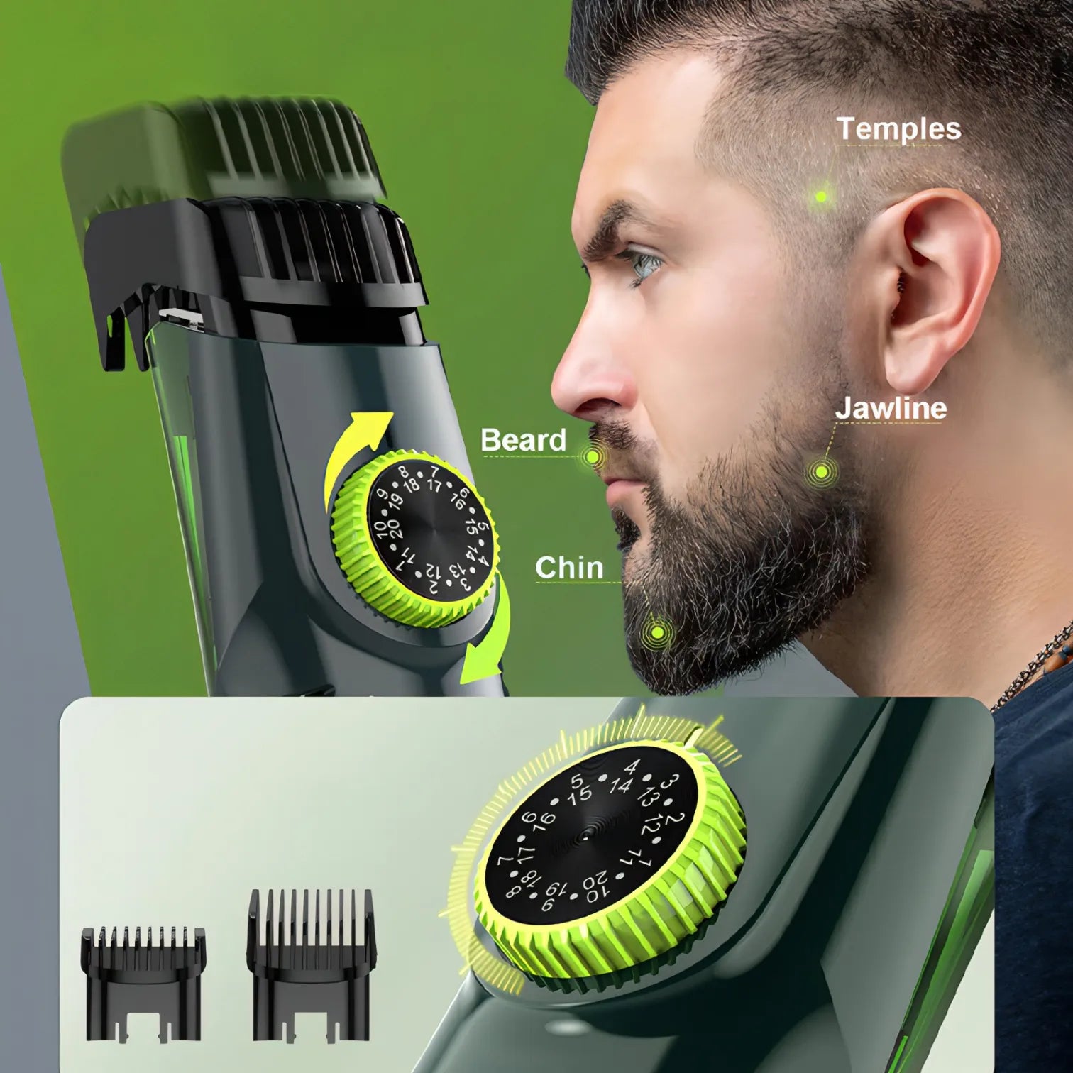 Manzonx Beard Trimmer with adjustable settings on a green background, showing close-up of a man's face with labeled facial hair areas.