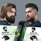 Manzonx Beard Trimmer with attachments for long and short hair, before and after use on a man with a beard.