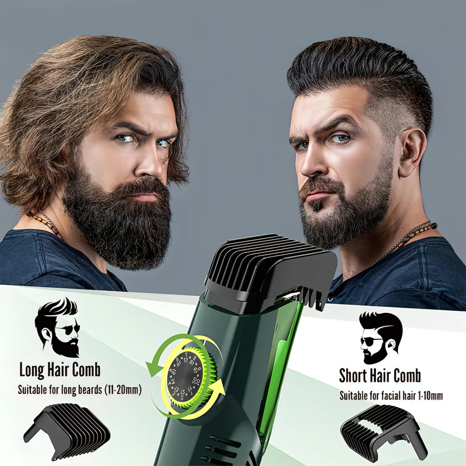 Manzonx Beard Trimmer with attachments for long and short hair, before and after use on a man with a beard.