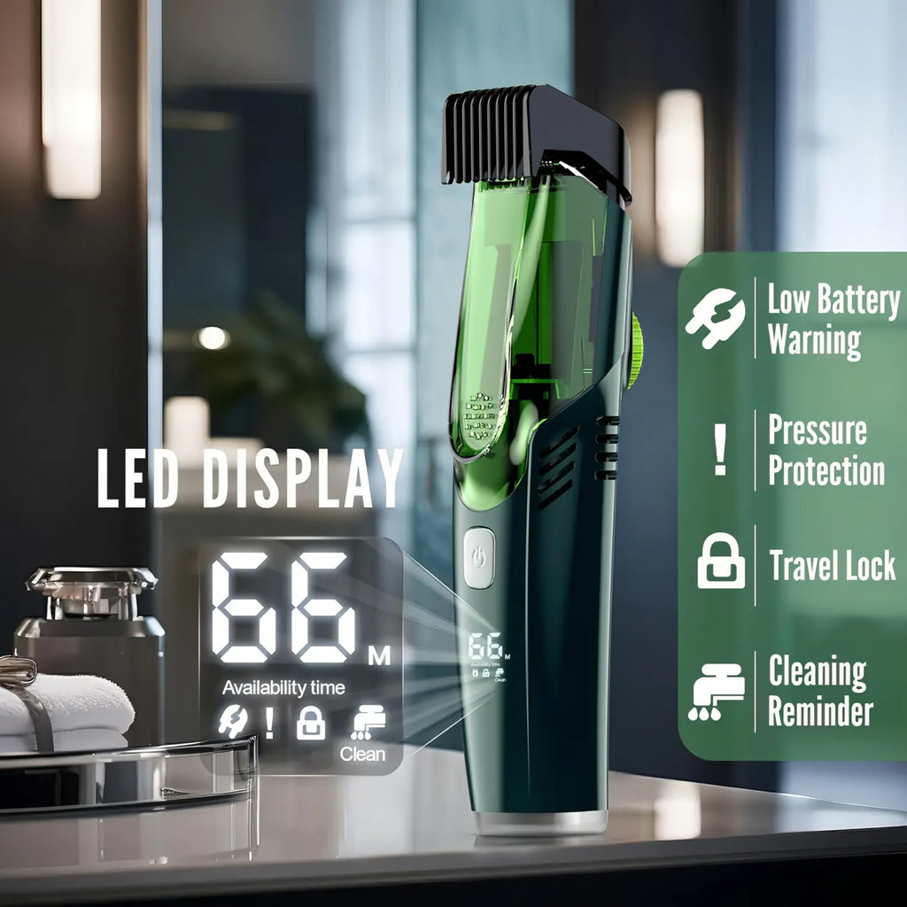 Green Manzonx Beard Trimmer with LED display on a bathroom counter