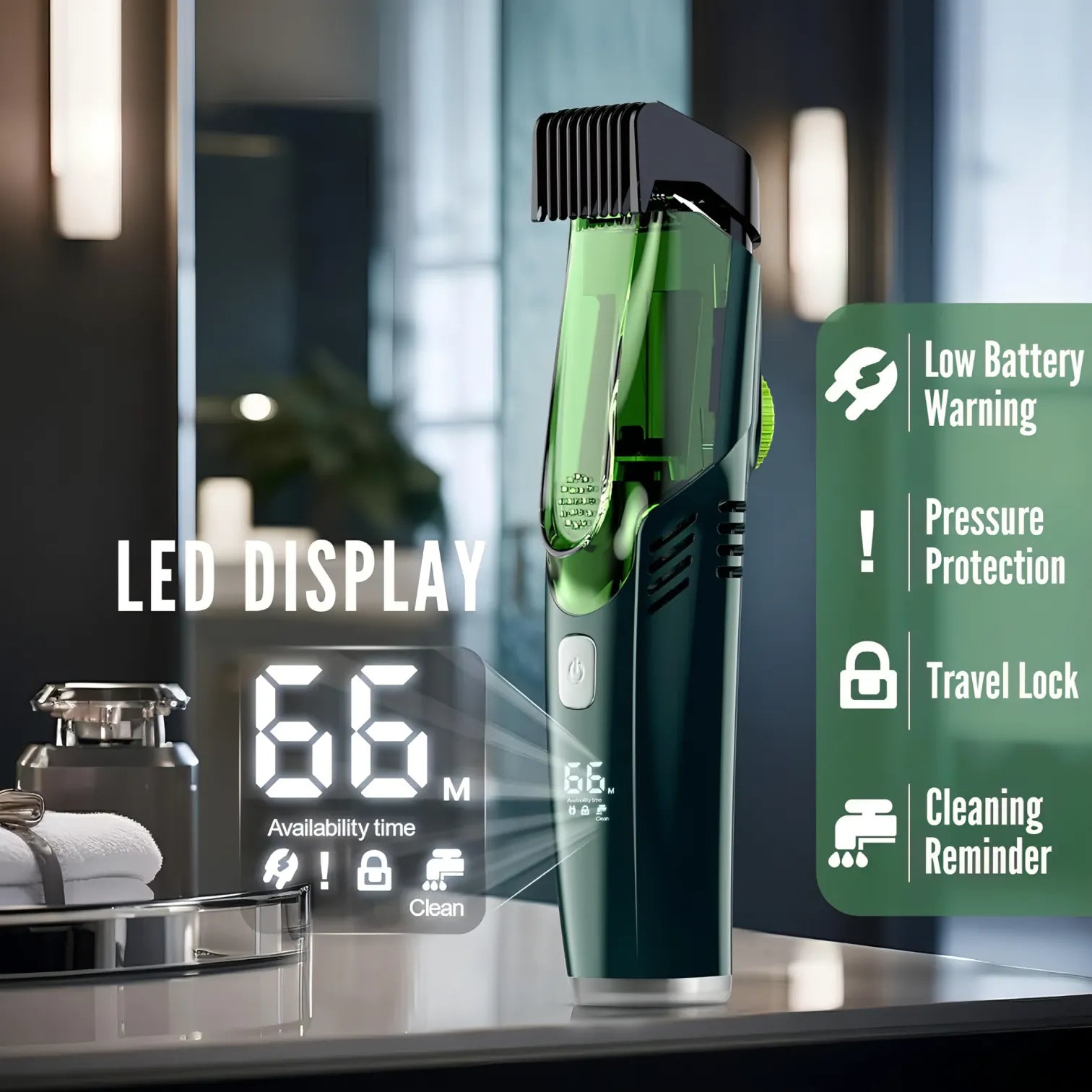 Green Manzonx Beard Trimmer with LED display on a bathroom counter