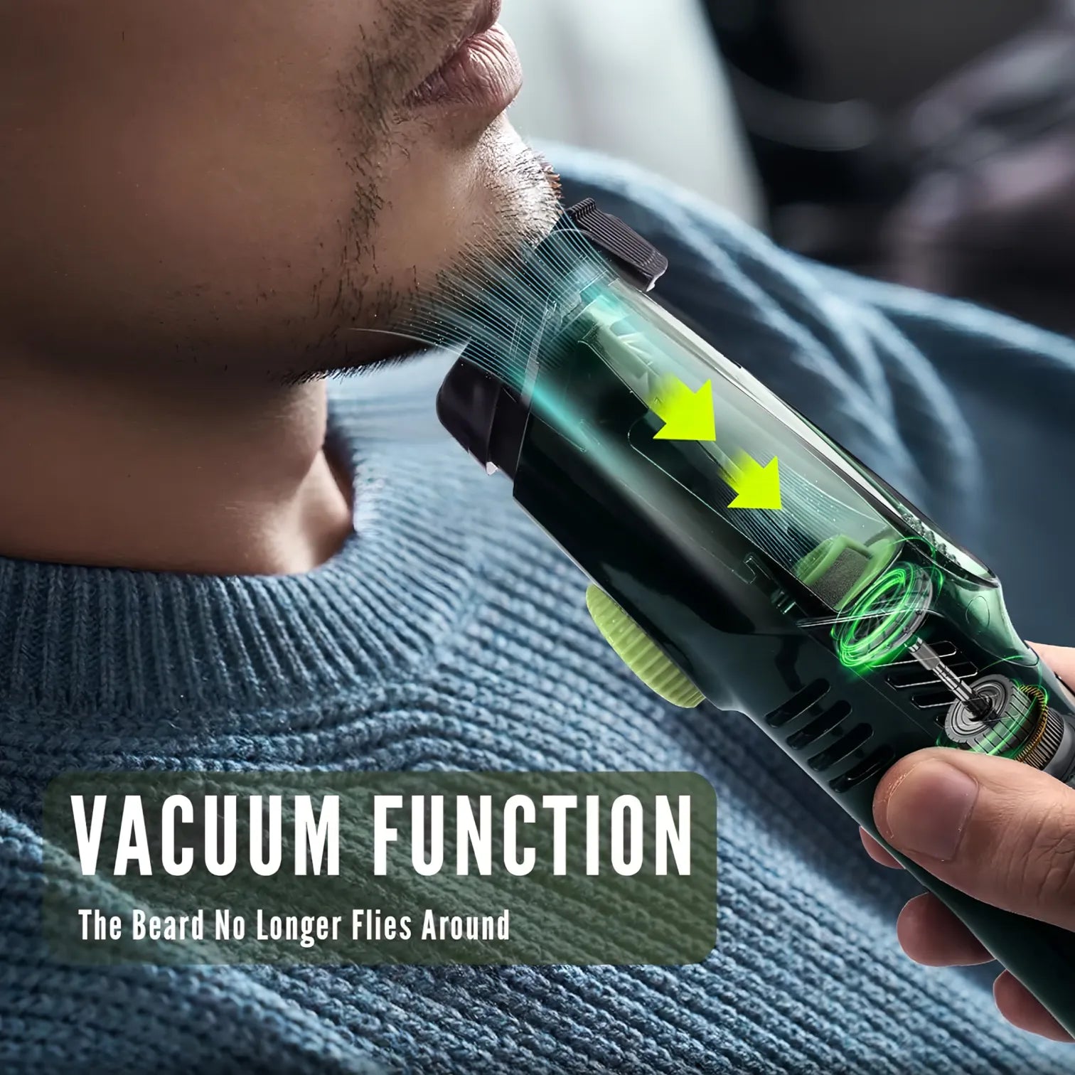 Person using a beard Manzonx Beard Trimmer with text highlighting its function.