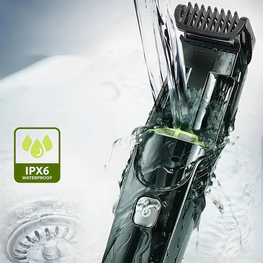 Manzonx Beard Trimmer being rinsed with water, featuring an IPX6 waterproof label.