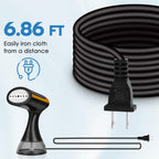 Black MaxGavic Handheld Clothes Steamer and extension cord with text indicating length and function on a light blue background