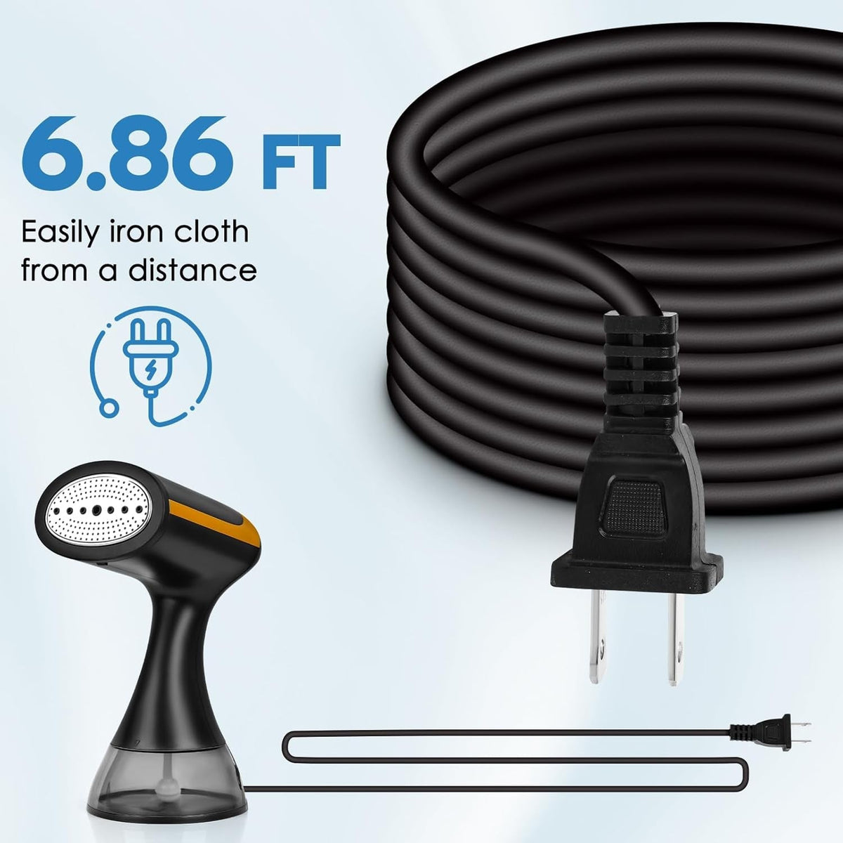 Black MaxGavic Handheld Clothes Steamer and extension cord with text indicating length and function on a light blue background