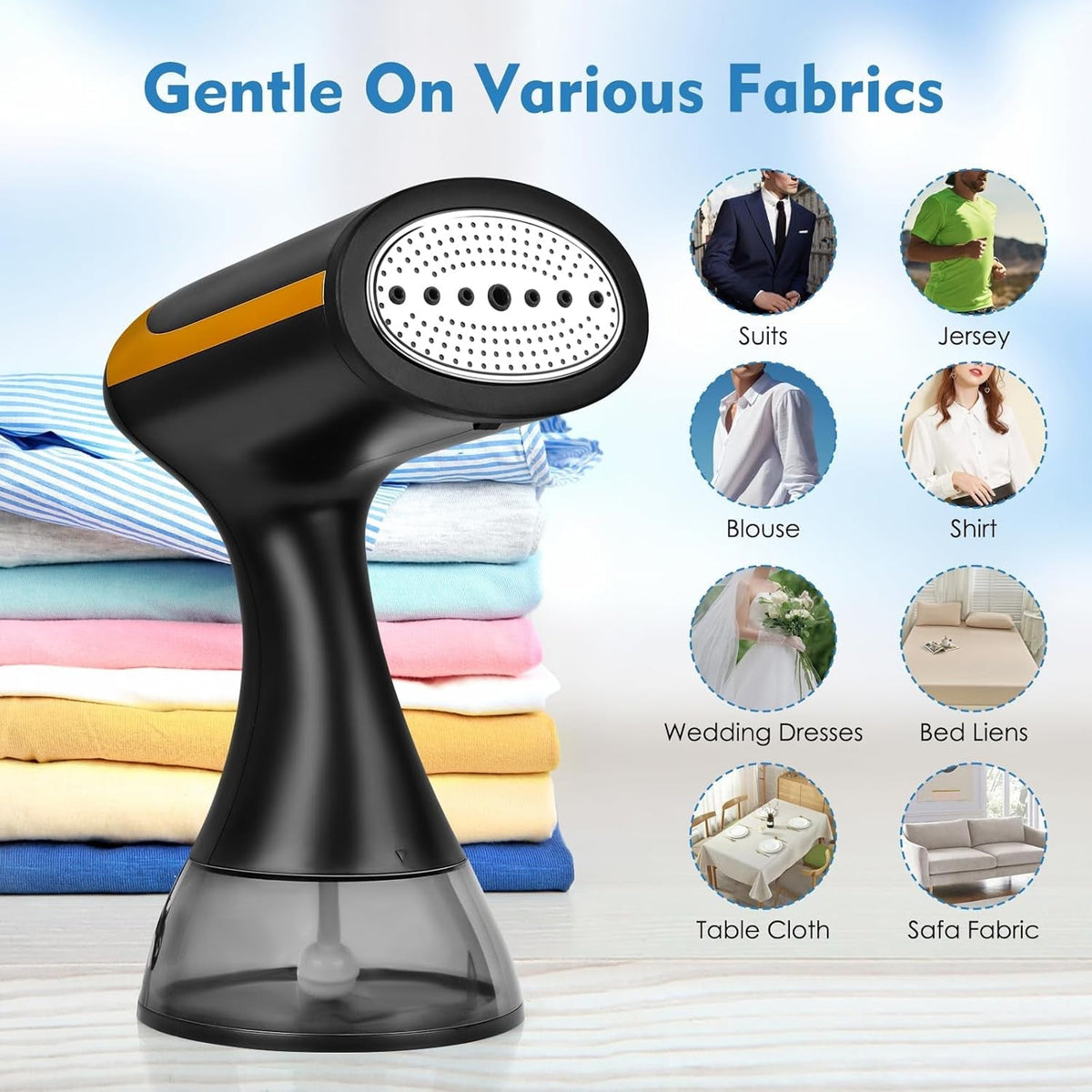 MaxGavic Handheld Clothes Steamer with fabric types it can handle on a blue background