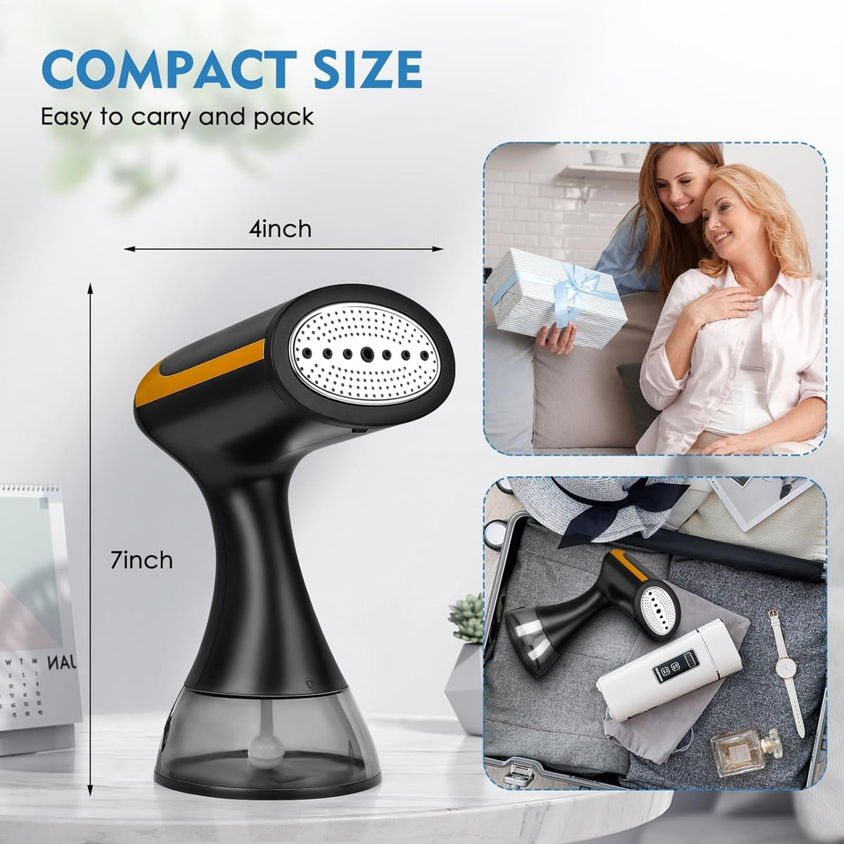 Black MaxGavic Handheld Clothes Steamer with dimensions and lifestyle images of people using it.