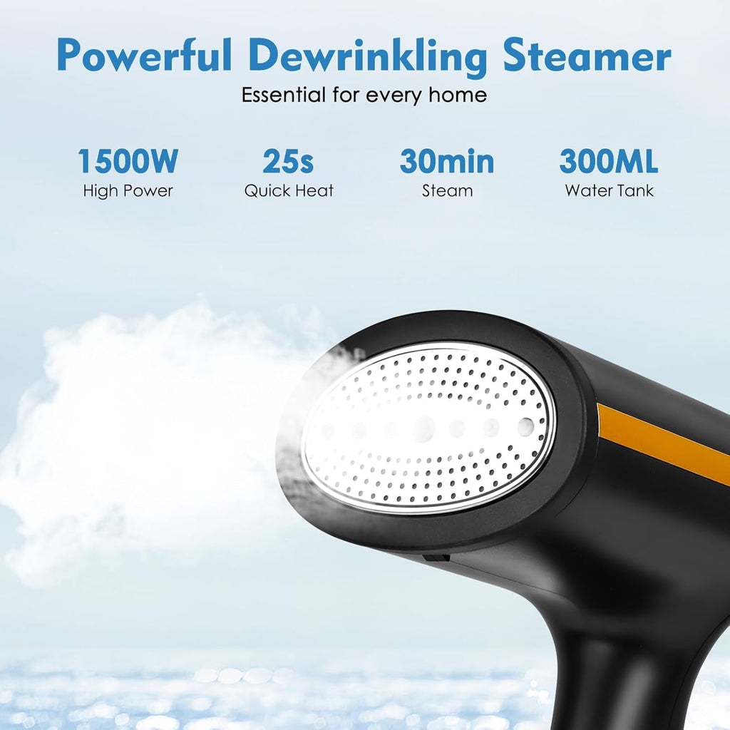 Black and orange MaxGavic Handheld Clothes Steamer with text highlighting features on a light blue background