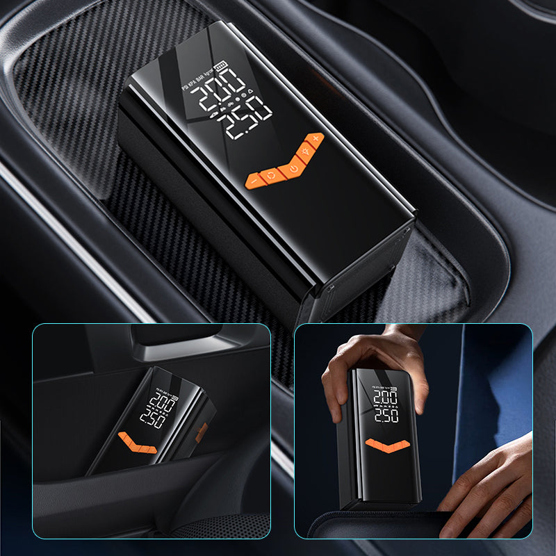 Car Mektri 2 in 1 Jump Starter & Tyre Inflator with digital display and temperature indicator, placed in a car's air vent.