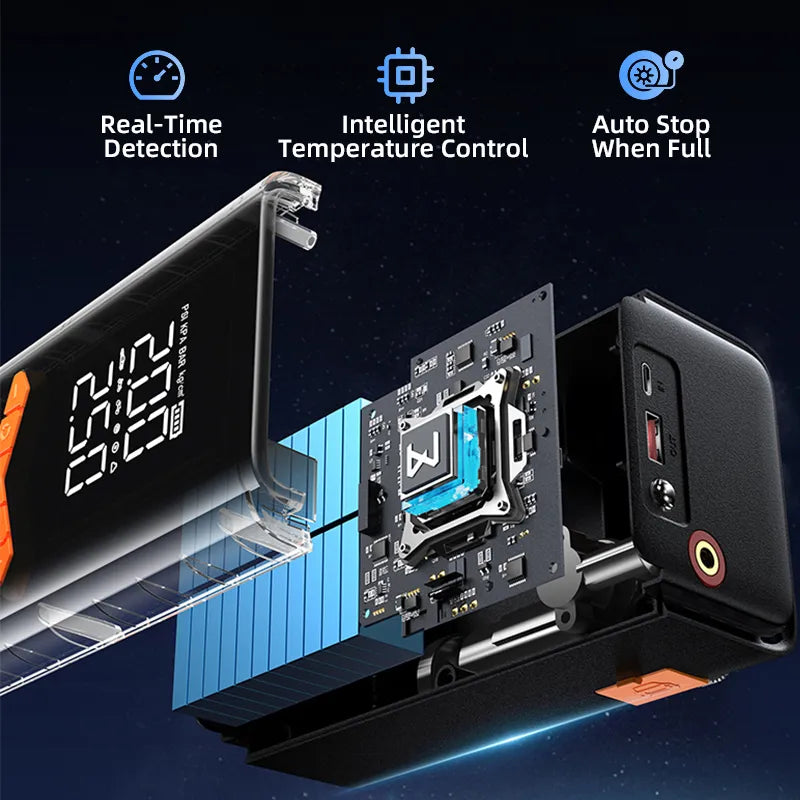 Mektri 2 in 1 Jump Starter & Tyre Inflator component with digital display and cooling system on a dark background