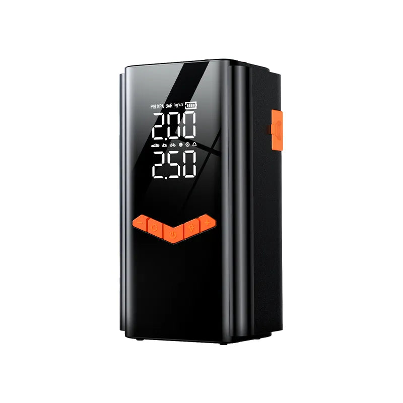 Black Mektri 2 in 1 Jump Starter & Tyre Inflator with digital display on a white background