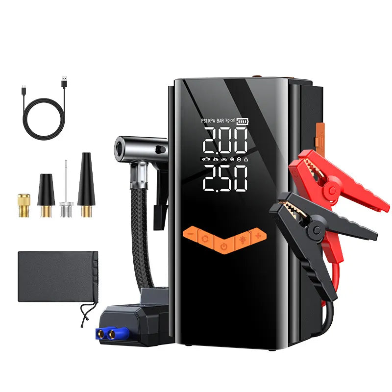 Black Mektri 2 in 1 Jump Starter & Tyre Inflator with digital display and accessories on a white background