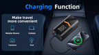 Portable Mektri 2 in 1 Jump Starter & Tyre Inflator with charging functions for electronic devices on a car seat.