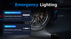 Car tire with emergency Mektri 2 in 1 Jump Starter & Tyre Inflator mode display on a dark background