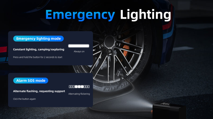 Car tire with emergency Mektri 2 in 1 Jump Starter & Tyre Inflator mode display on a dark background