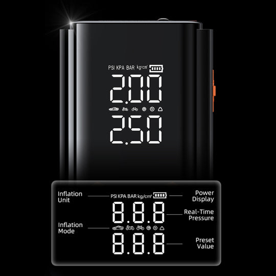 Digital Mektri 2 in 1 Jump Starter & Tyre Inflator monitor with display on a black background