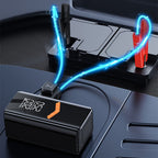 Mektri 2 in 1 Jump Starter & Tyre Inflator with blue lights and digital display on a dark surface