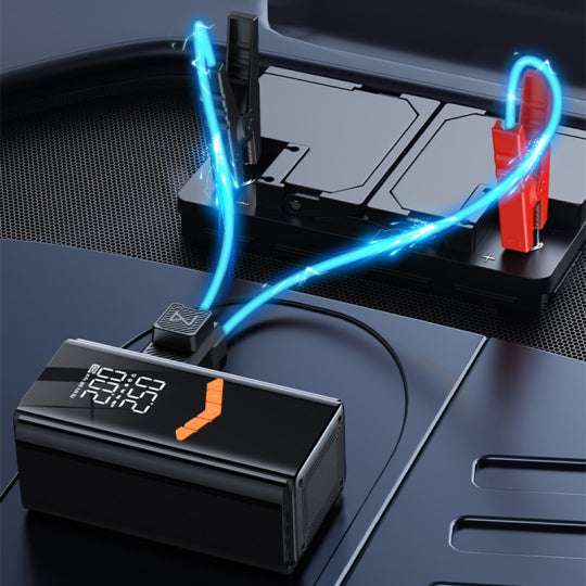 Mektri 2 in 1 Jump Starter & Tyre Inflator with blue lights and digital display on a dark surface