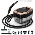 A portable Mektri Steam Cleaner with a black and rose gold body, clear water tank, flexible hose, handheld wand, and multiple attachment heads shown on a white background.