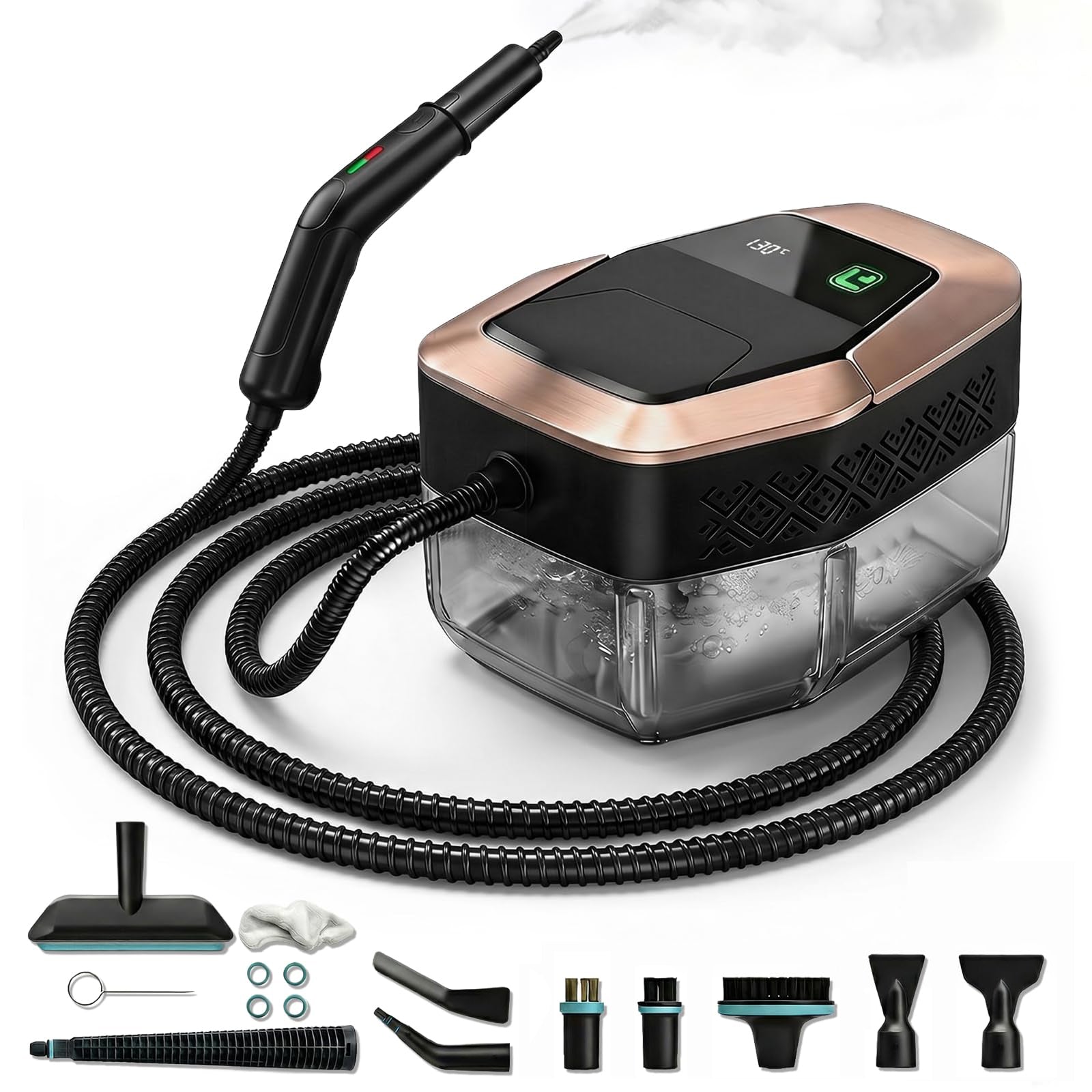 A portable Mektri Steam Cleaner with a black and rose gold body, clear water tank, flexible hose, handheld wand, and multiple attachment heads shown on a white background.