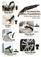 A promotional collage for a Mektri Steam Cleaner attachment set, showing multiple black nozzle heads and brushes labeled for kitchen stove, oil stains, sofa/fabric, gaps and corners, windows, and car wheels. Text reads '9 Accessories.