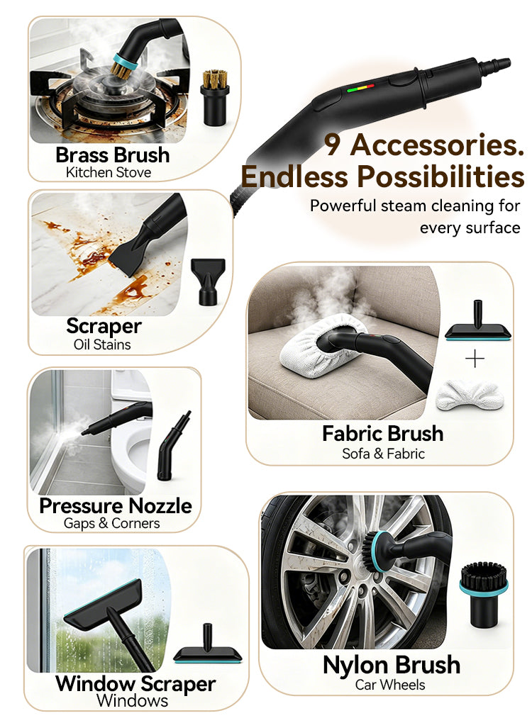 A promotional collage for a Mektri Steam Cleaner attachment set, showing multiple black nozzle heads and brushes labeled for kitchen stove, oil stains, sofa/fabric, gaps and corners, windows, and car wheels. Text reads '9 Accessories.