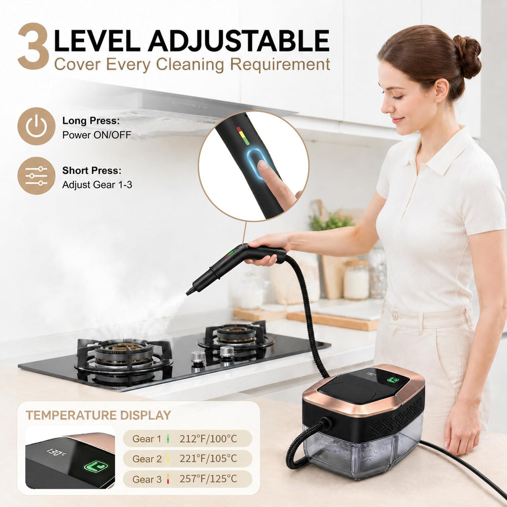 Person using a Mektri Steam Cleaner on a stove with product features highlighted