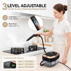 Person using a Mektri Steam Cleaner on a stove with product features highlighted