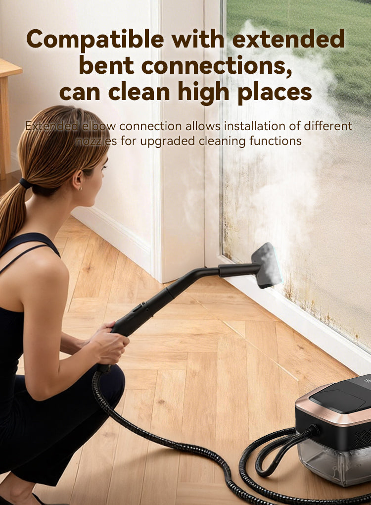 A woman kneels on a wood floor using a handheld Mektri Steam Cleaner to clean a window sill, with steam rising. The product packaging and text overlays indicate compatibility with extended bent connections for cleaning high places.