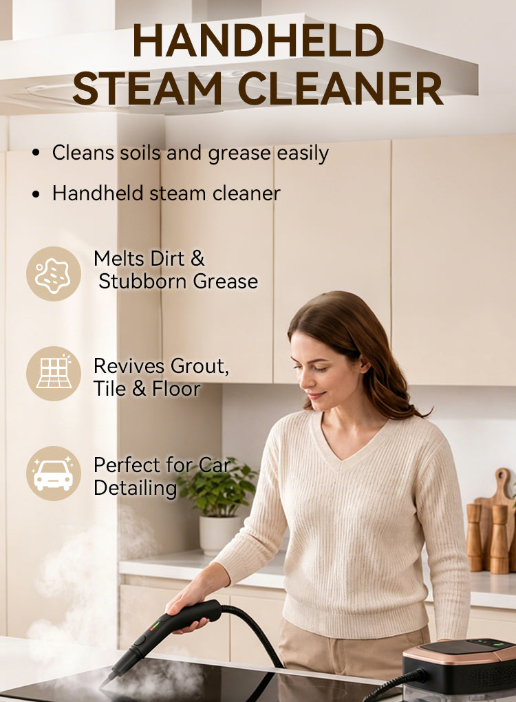 A handheld Mektri Steam Cleaner being used by a woman in a kitchen setting, with text overlays highlighting its features such as cleaning soils and grease, melting dirt and stubborn grease, and being perfect for car detailing.