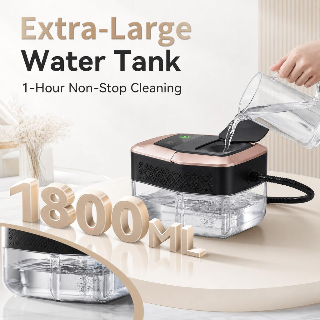 Large water tank being filled with a clear liquid on a table, with text indicating capacity and cleaning time.